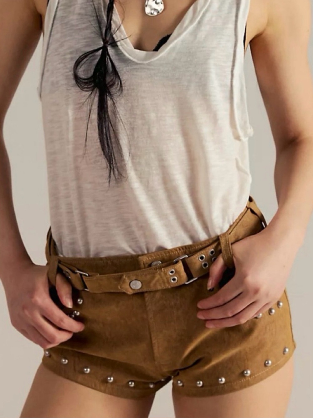 Free People Camel Suede-Look Studded High-Waist Shorts